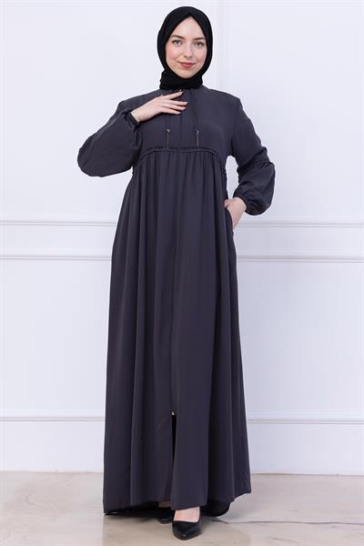 Büzgülü Taşlı Ferace Füme HM2732