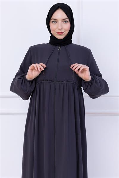 Büzgülü Taşlı Ferace Füme HM2732