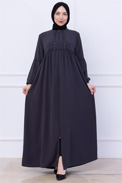 Büzgülü Taşlı Ferace Füme HM2732