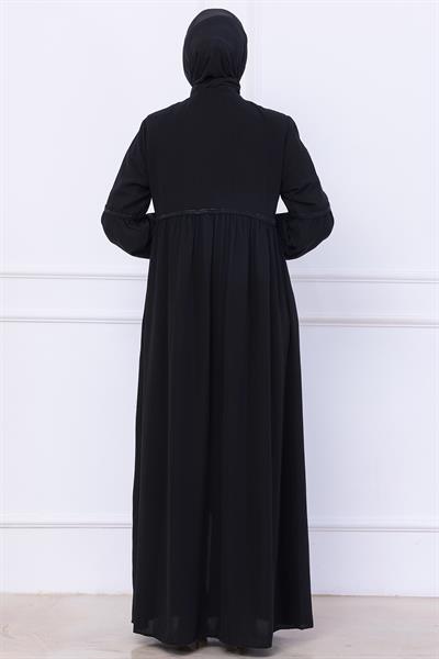 Büzgülü Taşlı Ferace Siyah HM2732