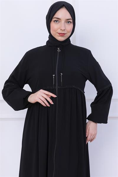 Büzgülü Taşlı Ferace Siyah HM2732