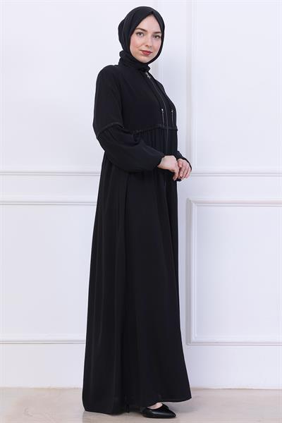 Büzgülü Taşlı Ferace Siyah HM2732