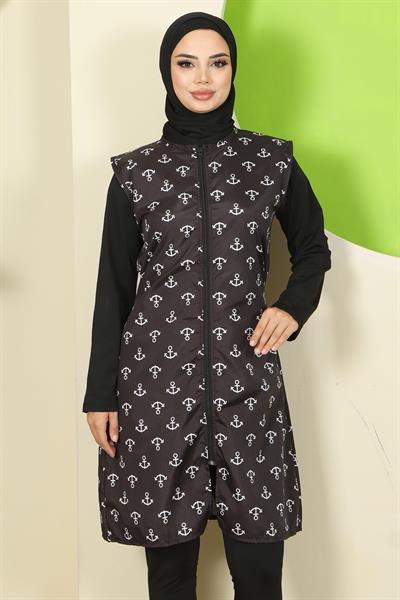 Çapa Desen Yelekli Tam Kapalı Tesettür Mayo Siyah HM2809