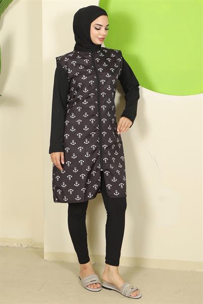 Çapa Desen Yelekli Tam Kapalı Tesettür Mayo Siyah HM2809