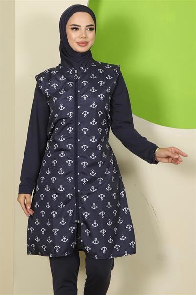 Çapa Desen Yelekli Tam Kapalı Tesettür Mayo Lacivert HM2809
