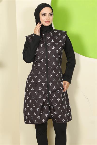 Çapa Desen Yelekli Tam Kapalı Tesettür Mayo Siyah HM2809