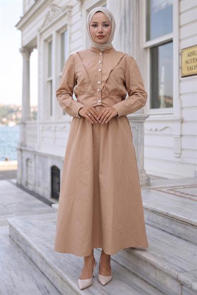 Ceketli Cepli Beli Bağlamalı Jile Elbise Camel HM262785