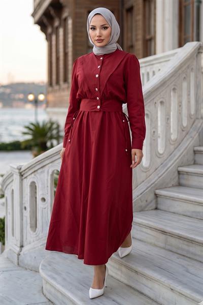 Ceketli Cepli Beli Bağlamalı Jile Elbise Bordo HM262785
