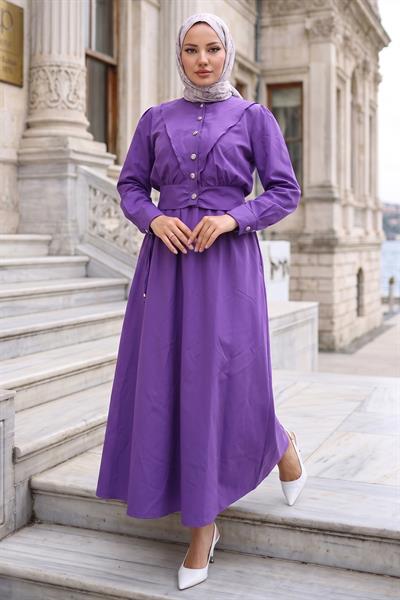 Ceketli Cepli Beli Bağlamalı Jile Elbise Mor HM262785