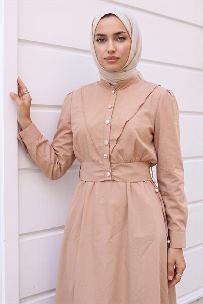 Ceketli Cepli Beli Bağlamalı Jile Elbise Camel HM262785