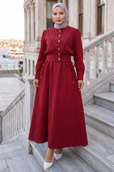 Ceketli Cepli Beli Bağlamalı Jile Elbise Bordo HM262785