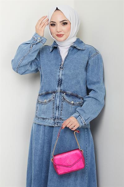 Ceketli Kot Etek Takım Mavi HM2676