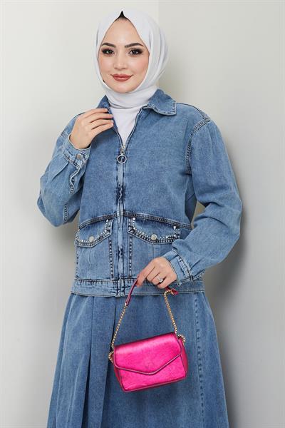 Ceketli Kot Etek Takım Mavi HM2676