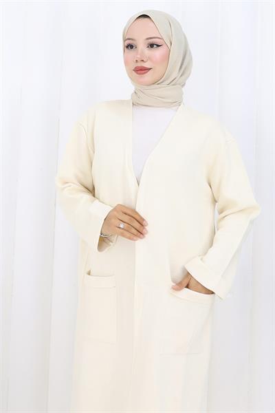 Çelik Örgü Uzun Triko Hırka Krem HM2838