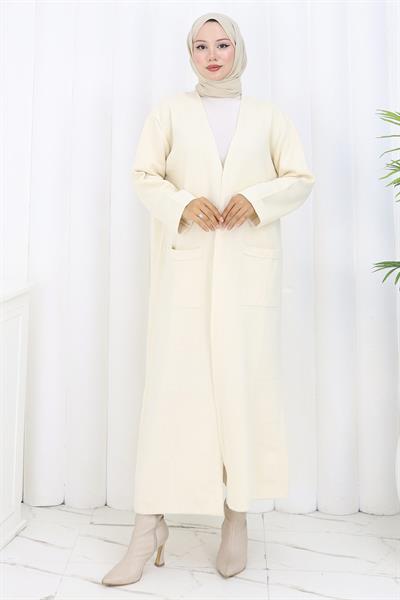 Çelik Örgü Uzun Triko Hırka Krem HM2838