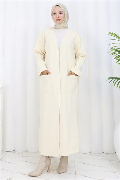 Çelik Örgü Uzun Triko Hırka Krem HM2838