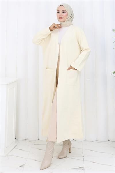 Çelik Örgü Uzun Triko Hırka Krem HM2838