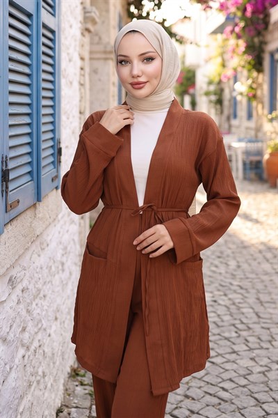 Cepli Bağlamalı Kimonolu İkili Takım Kahverengi HM2941