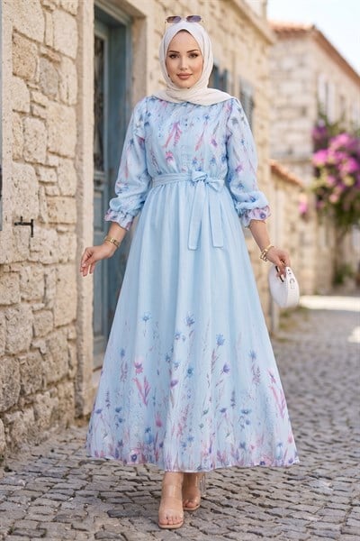 Çiçek Desenli Astarlı Kuşaklı Elbise Mavi HM2923