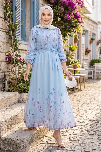 Çiçek Desenli Astarlı Kuşaklı Elbise Mavi HM2923