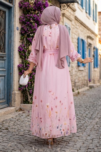 Çiçek Desenli Astarlı Kuşaklı Elbise Pembe HM2923