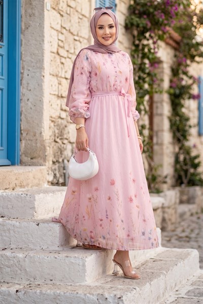 Çiçek Desenli Astarlı Kuşaklı Elbise Pembe HM2923