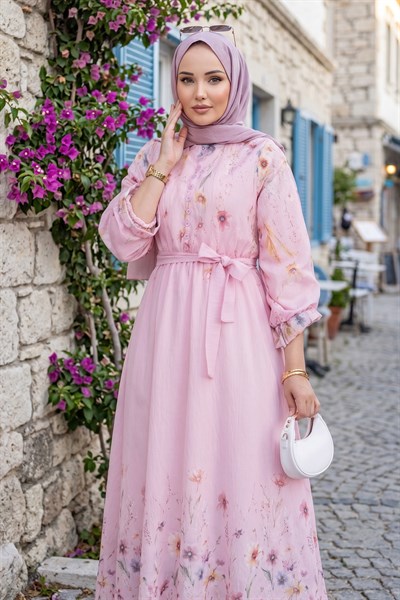 Çiçek Desenli Astarlı Kuşaklı Elbise Pembe HM2923