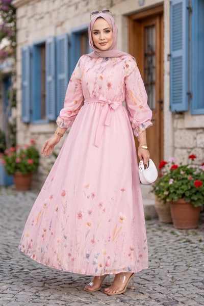 Çiçek Desenli Astarlı Kuşaklı Elbise Pembe HM2923