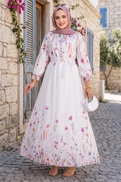 Çiçek Desenli Astarlı Kuşaklı Elbise Beyaz HM2923