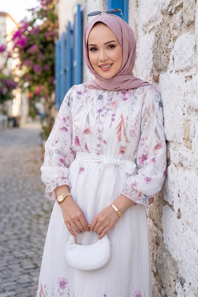 Çiçek Desenli Astarlı Kuşaklı Elbise Beyaz HM2923