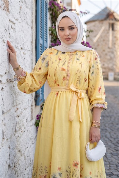Çiçek Desenli Astarlı Kuşaklı Elbise Sarı HM2923