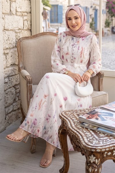 Çiçek Desenli Astarlı Kuşaklı Elbise Beyaz HM2923