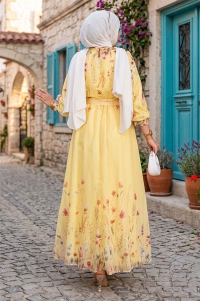 Çiçek Desenli Astarlı Kuşaklı Elbise Sarı HM2923