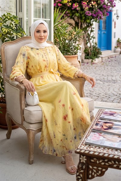 Çiçek Desenli Astarlı Kuşaklı Elbise Sarı HM2923