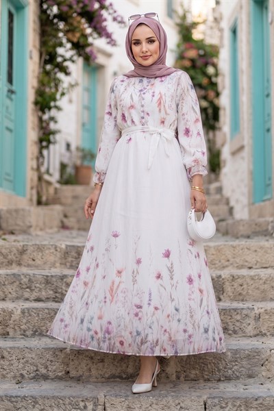 Çiçek Desenli Astarlı Kuşaklı Elbise Beyaz HM2923