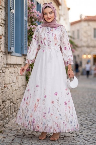 Çiçek Desenli Astarlı Kuşaklı Elbise Siyah HM2923