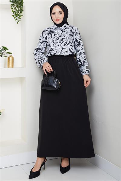 Çiçek Desenli Etekli Takım Siyah HM2739