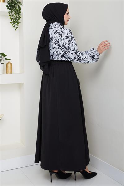 Çiçek Desenli Etekli Takım Siyah HM2739