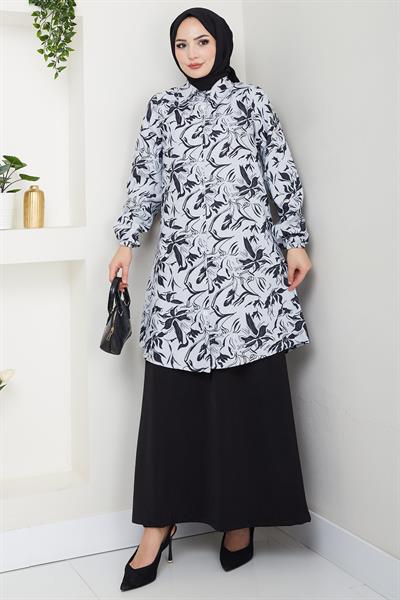 Çiçek Desenli Etekli Takım Siyah HM2739