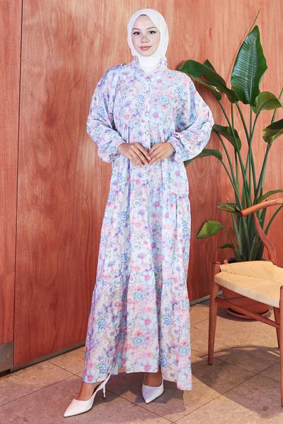 Çiçek Desenli Modal Elbise Mavi HM2797