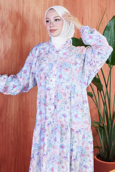 Çiçek Desenli Modal Elbise Mavi HM2797