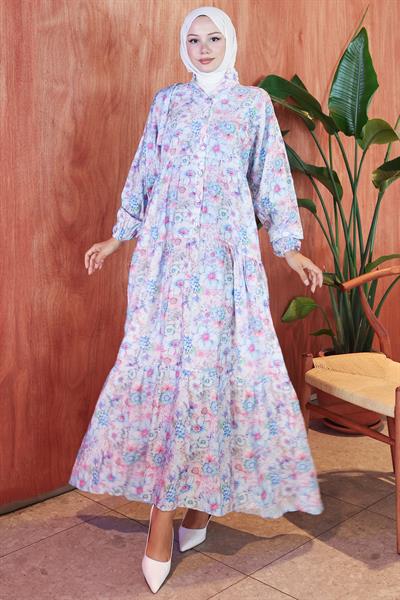 Çiçek Desenli Modal Elbise Mavi HM2797