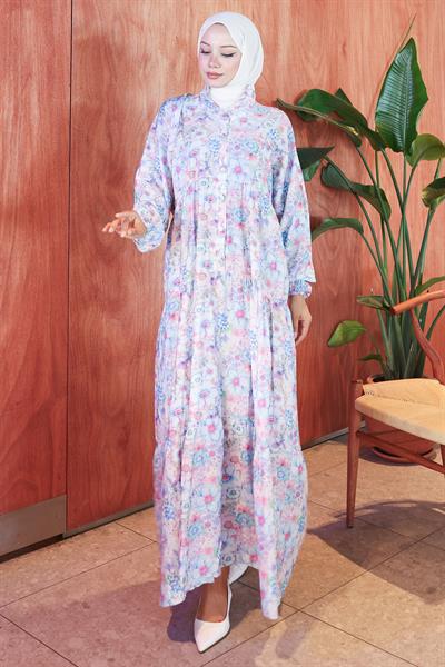 Çiçek Desenli Modal Elbise Mavi HM2797