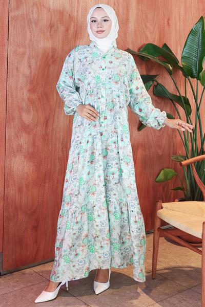 Çiçek Desenli Modal Elbise Mint HM2797