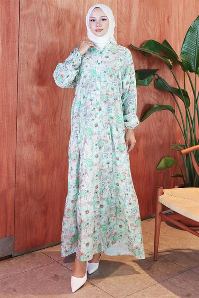 Çiçek Desenli Modal Elbise Mint HM2797
