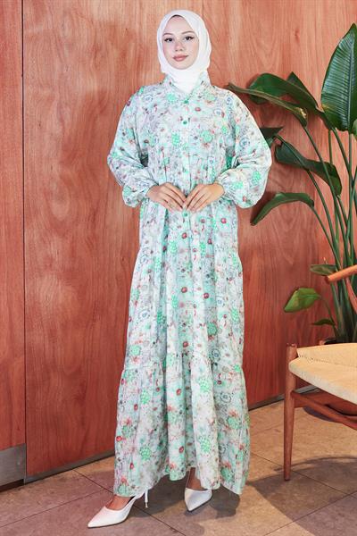 Çiçek Desenli Modal Elbise Mint HM2797