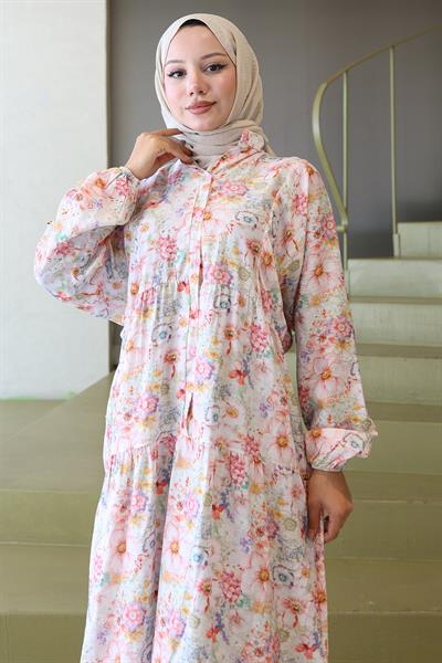 Çiçek Desenli Modal Elbise Pembe HM2797