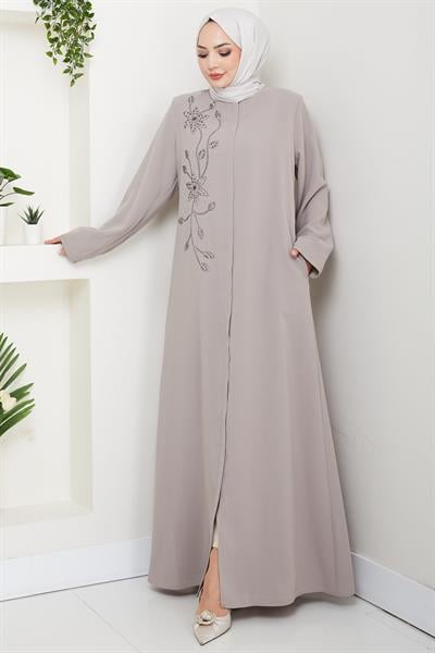 Çiçek Detay Taşlı Ferace Bej HM2847