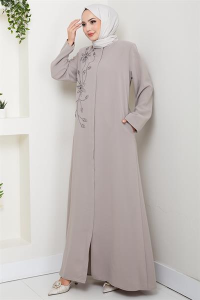 Çiçek Detay Taşlı Ferace Bej HM2847