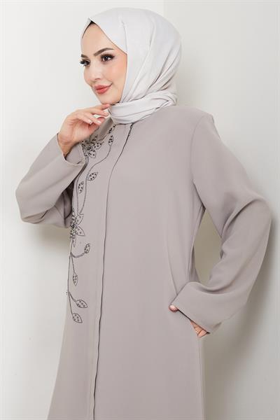 Çiçek Detay Taşlı Ferace Bej HM2847